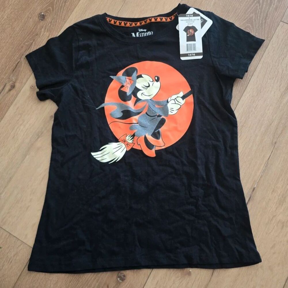 Disney halloween glow in the dark witch Minnie mouse broom short sleeve 14 16